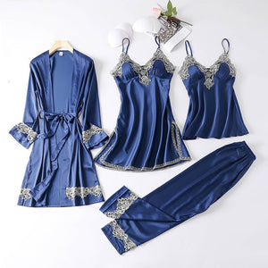 JULY'S SONG New 4 Pieces Women Pajamas Sets Faux Silk Pajamas Sleepwear Sets Elegant Sexy Lace Fashion Spring Autumn Homewear