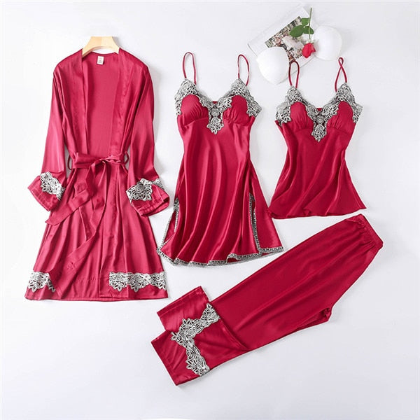 JULY'S SONG New 4 Pieces Women Pajamas Sets Faux Silk Pajamas Sleepwear Sets Elegant Sexy Lace Fashion Spring Autumn Homewear