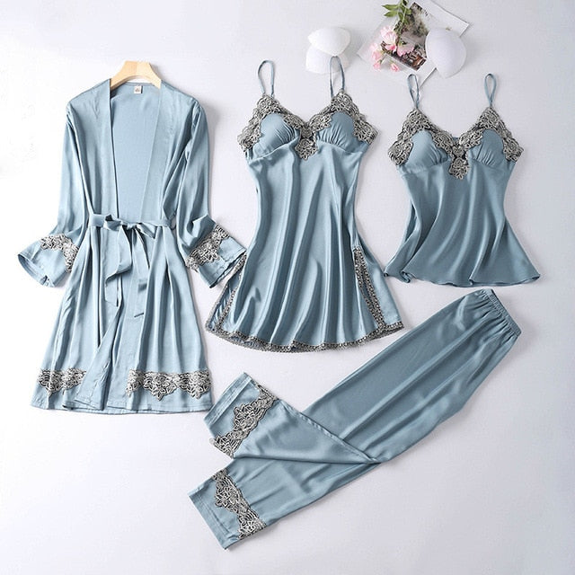 JULY'S SONG New 4 Pieces Women Pajamas Sets Faux Silk Pajamas Sleepwear Sets Elegant Sexy Lace Fashion Spring Autumn Homewear