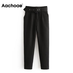 Aachoae Office Lady Black Suit Pants with Belt Women High Waist Solid Long Trousers Fashion Pockets Pants Trousers Pantalones