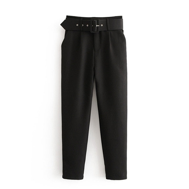 Aachoae Office Lady Black Suit Pants with Belt Women High Waist Solid Long Trousers Fashion Pockets Pants Trousers Pantalones