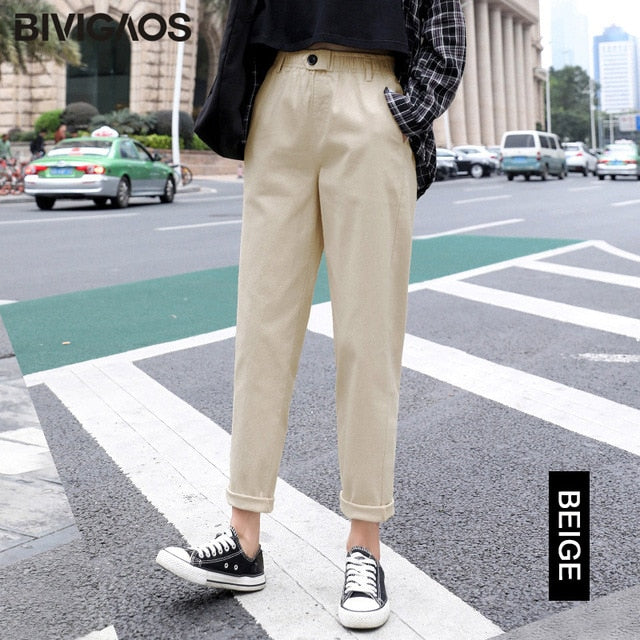 BIVIGAOS New Spring Women Clothing Straight Overalls Casual Harem Pants Korean Elastic Waist Triangle Buckle Cargo Pants Women