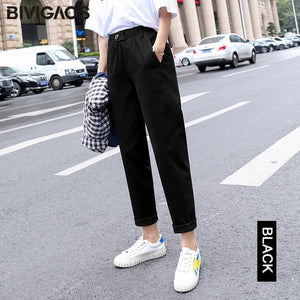 BIVIGAOS New Spring Women Clothing Straight Overalls Casual Harem Pants Korean Elastic Waist Triangle Buckle Cargo Pants Women