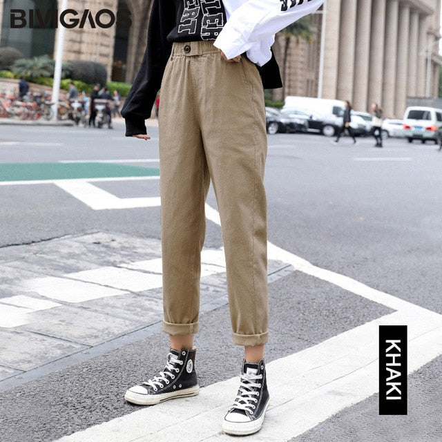 BIVIGAOS New Spring Women Clothing Straight Overalls Casual Harem Pants Korean Elastic Waist Triangle Buckle Cargo Pants Women