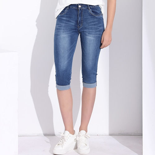 GAREMAY Plus Size Skinny Capris Jeans Woman Female Stretch Knee Length Denim Shorts Pants Women With High Waist Summer