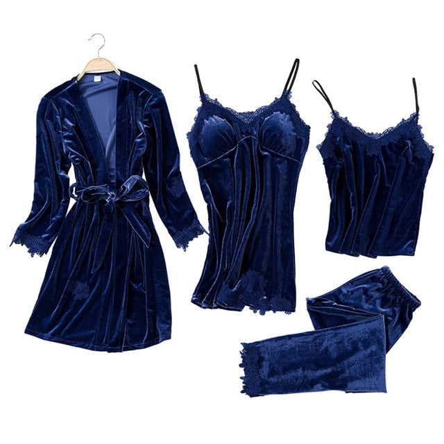 JULY'S SONG 2019 Gold Velvet 4 Pieces Warm Winter Pajamas Sets Women Sexy Lace Robe Pajamas Sleepwear Kit Sleeveless  Nightwear