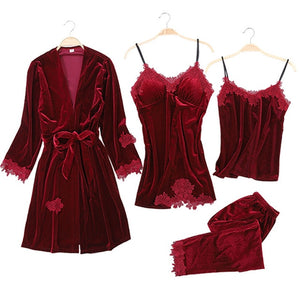 JULY'S SONG 2019 Gold Velvet 4 Pieces Warm Winter Pajamas Sets Women Sexy Lace Robe Pajamas Sleepwear Kit Sleeveless  Nightwear