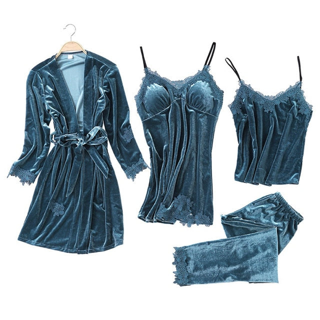 JULY'S SONG 2019 Gold Velvet 4 Pieces Warm Winter Pajamas Sets Women Sexy Lace Robe Pajamas Sleepwear Kit Sleeveless  Nightwear