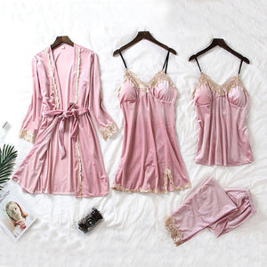 JULY'S SONG 2019 Gold Velvet 4 Pieces Warm Winter Pajamas Sets Women Sexy Lace Robe Pajamas Sleepwear Kit Sleeveless  Nightwear