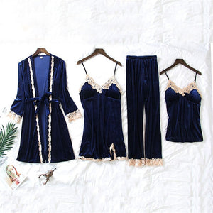 JULY'S SONG 2019 Gold Velvet 4 Pieces Warm Winter Pajamas Sets Women Sexy Lace Robe Pajamas Sleepwear Kit Sleeveless  Nightwear