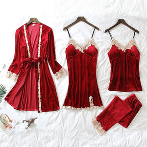 JULY'S SONG 2019 Gold Velvet 4 Pieces Warm Winter Pajamas Sets Women Sexy Lace Robe Pajamas Sleepwear Kit Sleeveless  Nightwear