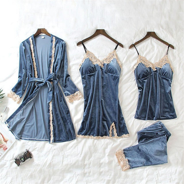 JULY'S SONG 2019 Gold Velvet 4 Pieces Warm Winter Pajamas Sets Women Sexy Lace Robe Pajamas Sleepwear Kit Sleeveless  Nightwear