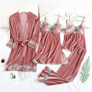 JULY'S SONG 2019 Gold Velvet 4 Pieces Warm Winter Pajamas Sets Women Sexy Lace Robe Pajamas Sleepwear Kit Sleeveless  Nightwear