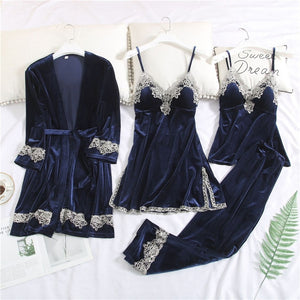 JULY'S SONG 2019 Gold Velvet 4 Pieces Warm Winter Pajamas Sets Women Sexy Lace Robe Pajamas Sleepwear Kit Sleeveless  Nightwear