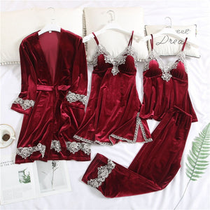 JULY'S SONG 2019 Gold Velvet 4 Pieces Warm Winter Pajamas Sets Women Sexy Lace Robe Pajamas Sleepwear Kit Sleeveless  Nightwear