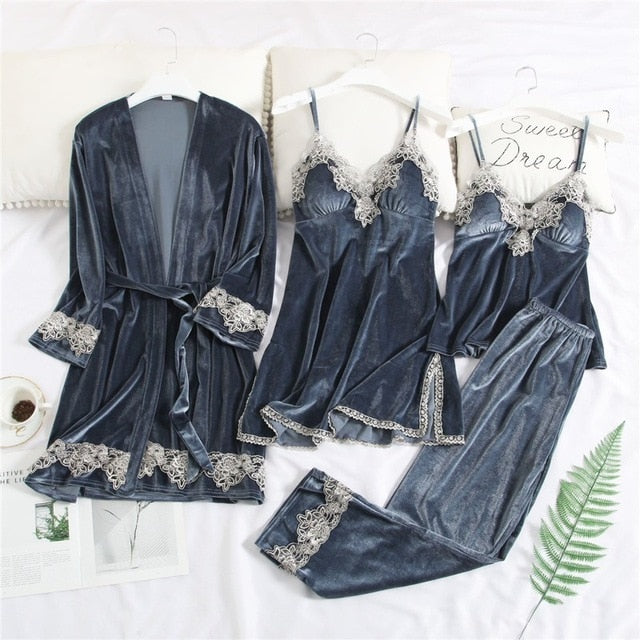 JULY'S SONG 2019 Gold Velvet 4 Pieces Warm Winter Pajamas Sets Women Sexy Lace Robe Pajamas Sleepwear Kit Sleeveless  Nightwear