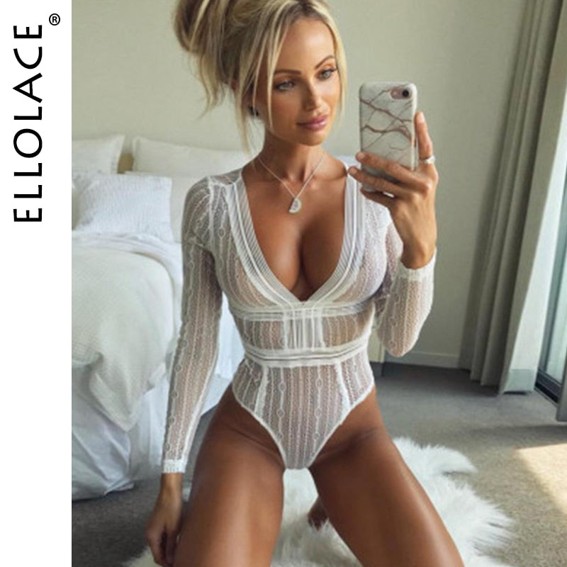 Ellolace Sexy Lace Body Long Sleeve Women Backless Bodysuit Mesh See Through Rompers Teddies Deep V-Neck Overalls Feminino Hot