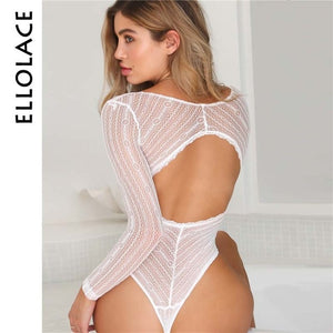 Ellolace Sexy Lace Body Long Sleeve Women Backless Bodysuit Mesh See Through Rompers Teddies Deep V-Neck Overalls Feminino Hot