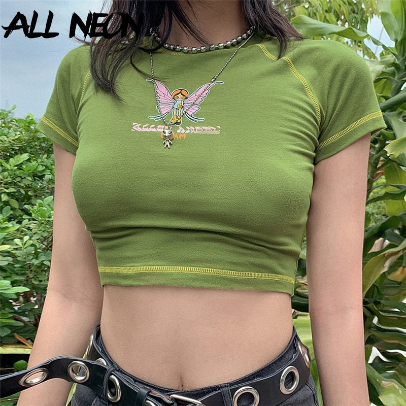 ALLNeon E-girl Butterfly Graphic and Letter Printing Stitch Green Crop Tops Y2K Summer Grunge Style O-neck Short Sleeve T-shirts