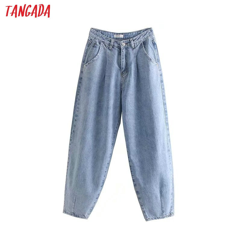 Tangada fashion women loose mom jeans long trousers pockets zipper loose streetwear female blue denim pants 4M38