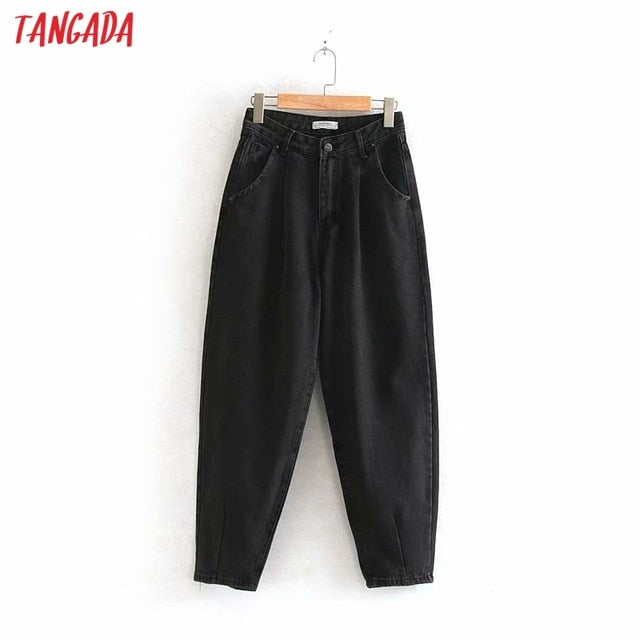 Tangada fashion women loose mom jeans long trousers pockets zipper loose streetwear female blue denim pants 4M38