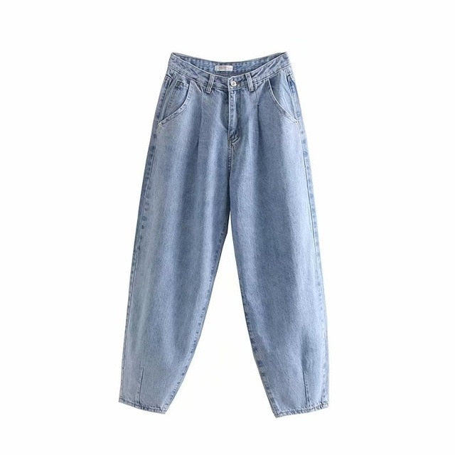 Tangada fashion women loose mom jeans long trousers pockets zipper loose streetwear female blue denim pants 4M38