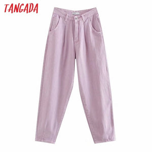 Tangada fashion women loose mom jeans long trousers pockets zipper loose streetwear female blue denim pants 4M38