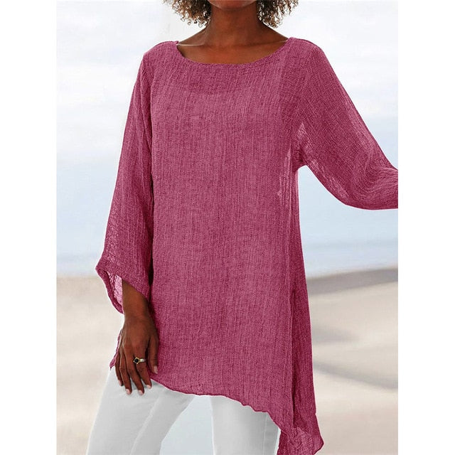 Cotton Soft Solid Blouse Summer Loose Plus Size Shirt O-Neck Long Sleeve Womens Tops and Blouses Anomalistic Casual Women Tunic