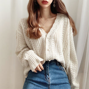 H.SA 2020 Women Spring Summer Sweater and Cardigans Low V-Neck Knit Tops Long Sleeve Hollow Out Sexy Cardigan Loose White Tops