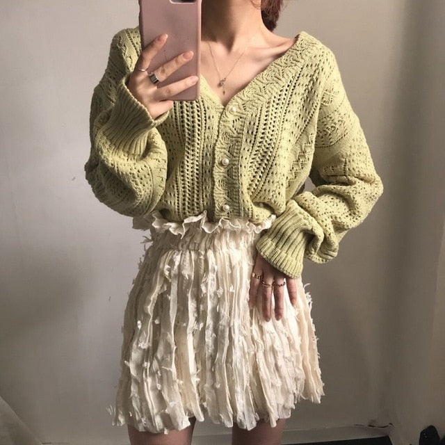 H.SA 2020 Women Spring Summer Sweater and Cardigans Low V-Neck Knit Tops Long Sleeve Hollow Out Sexy Cardigan Loose White Tops