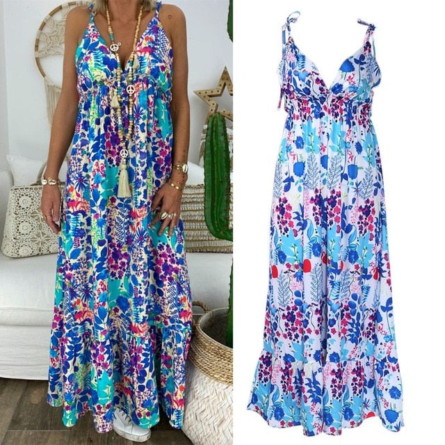 Womens Boho Floral Maxi Dress Party Strappy Summer Beach  Holiday Spaghetti Strap Sundress Plus Size S M L XL 2XL 3XL 4XL 5XL