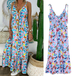 Womens Boho Floral Maxi Dress Party Strappy Summer Beach  Holiday Spaghetti Strap Sundress Plus Size S M L XL 2XL 3XL 4XL 5XL