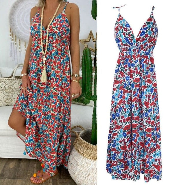 Womens Boho Floral Maxi Dress Party Strappy Summer Beach  Holiday Spaghetti Strap Sundress Plus Size S M L XL 2XL 3XL 4XL 5XL