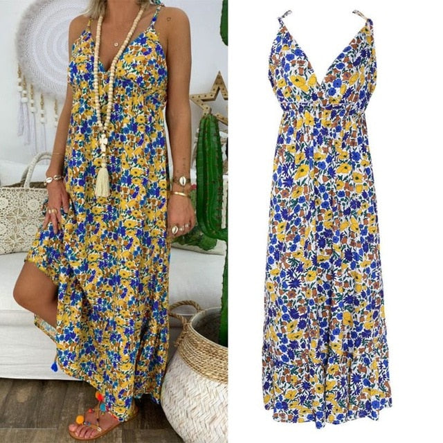 Womens Boho Floral Maxi Dress Party Strappy Summer Beach  Holiday Spaghetti Strap Sundress Plus Size S M L XL 2XL 3XL 4XL 5XL