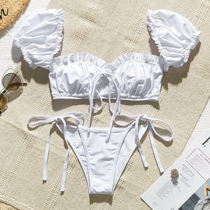 In-X Solid white ruffle swimsuit female Bandeau bikini 2020 Short sleeve swimwear women Tie side bathing suit High cut Biquini