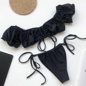 In-X Solid white ruffle swimsuit female Bandeau bikini 2020 Short sleeve swimwear women Tie side bathing suit High cut Biquini