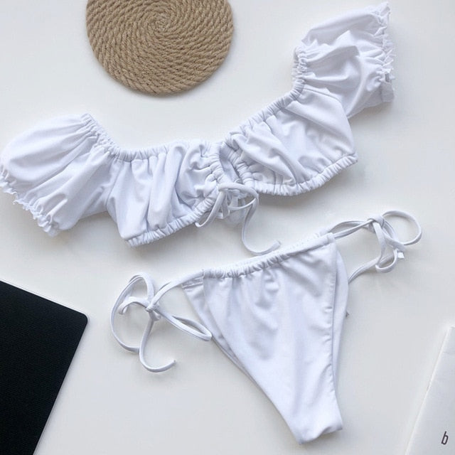 In-X Solid white ruffle swimsuit female Bandeau bikini 2020 Short sleeve swimwear women Tie side bathing suit High cut Biquini