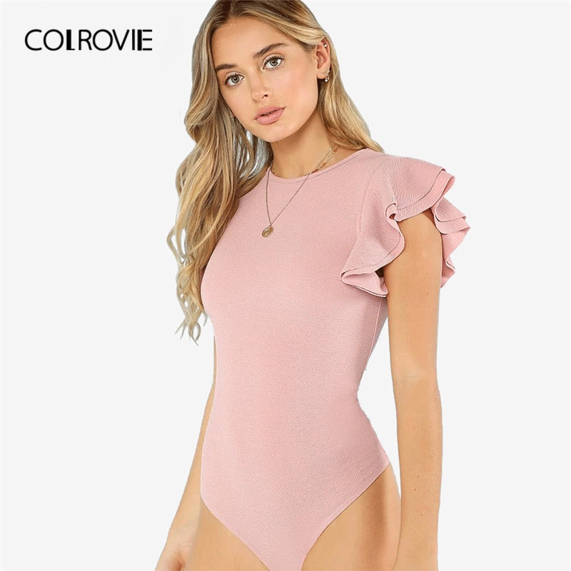 COLROVIE Pink Solid Layered Ruffle Textured Elegant Bodysuit Women 2019 Summer Casual Short Sleeve Skinny Ladies Party Bodysuits