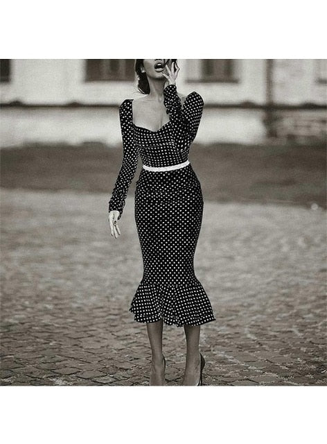 Elegant White Knotted Strap Polka-dot Mermaid Hem Summer Pencil Midi Dress Women Slim Bodycon Office Lady Ruffle Dresses