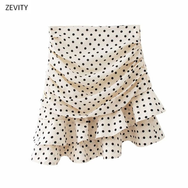 Women fashion polka dot print pleated asymmetrical skirt faldas mujer ladies back zipper vestidos chic ruffles skirts QUN379