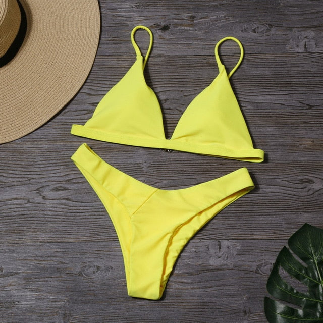 Women Solid Bikini Set Sexy Bikinis Low Waist Swimwear Bathing Suit Summer Retro Swimsuit Female Yellow Beach Wear Biquini