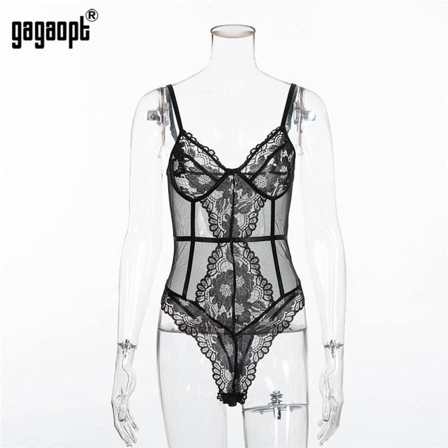 Gagaopt 2019 Floral Embroidery Lace Bodysuit Women Fashion Sexy Bodysuit Skinny Mesh Bodysuit Overalls Nightwear