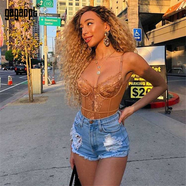 Gagaopt 2019 Floral Embroidery Lace Bodysuit Women Fashion Sexy Bodysuit Skinny Mesh Bodysuit Overalls Nightwear