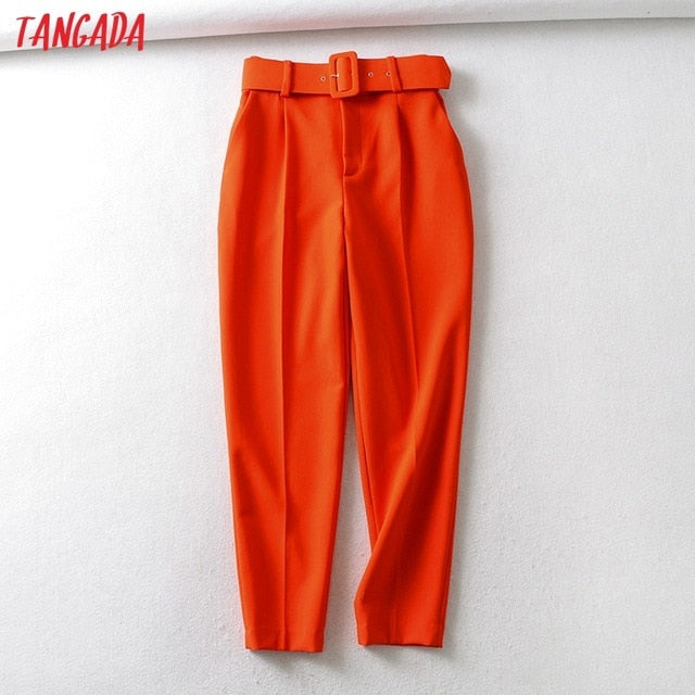 Tangada black suit pants woman high waist pants sashes pockets office ladies pants fashion middle aged pink yellow pants 6A22