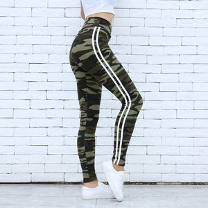 Women Camo Legging Two Side White Stripes Skinny Leggings Elastic Waist Women Stretchy Workout Leggings Casual Leggings Fitness