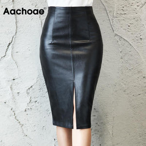 Aachoae Black PU Leather Skirt Women 2020 New Midi Sexy High Waist Bodycon Split Skirt Office Pencil Skirt Knee Length Plus Size