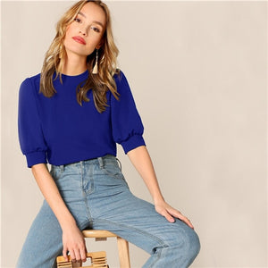 SHEIN Ladies Casual Green Puff Sleeve Keyhole Back Solid Top And Blouse Women 2019 Summer Workwear Half Sleeve Elegant Blouses