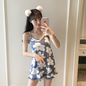 FallSweet Summer  Print Pajama Sets for Women Cotton  Sleepwear  Girls Sleeveless Sexy Lingerie Two Piece Set