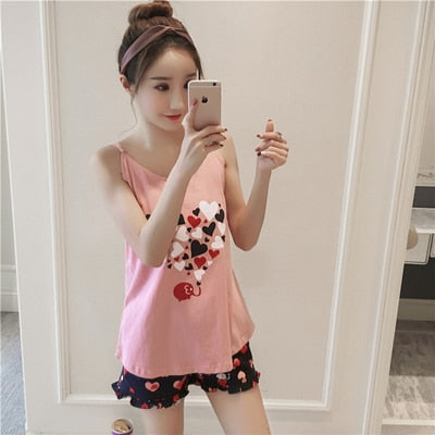 FallSweet Summer  Print Pajama Sets for Women Cotton  Sleepwear  Girls Sleeveless Sexy Lingerie Two Piece Set