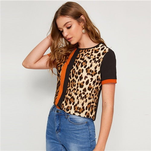 SHEIN Color Block Cut-and-Sew Leopard Panel Top Short Sleeve O-Neck Casual T Shirt Women 2019 Summer Leisure Ladies Tshirt Tops